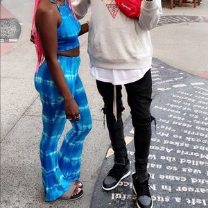 Stretchy blue bell bottom pants